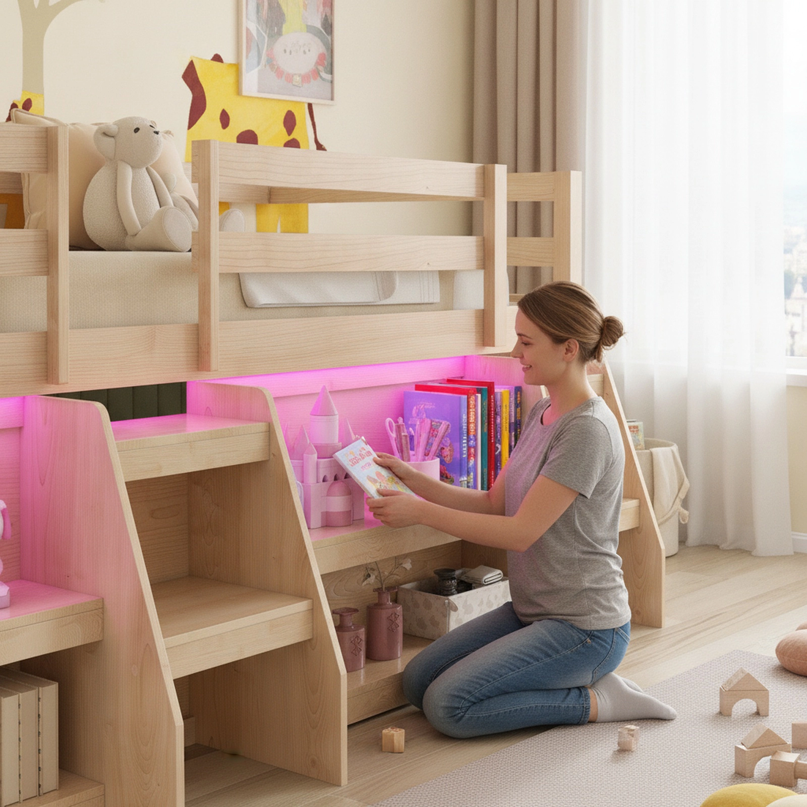 SUGIFT Twin Loft Bed with Staircase, Dimmable LED Lights and 2 Bookshelves