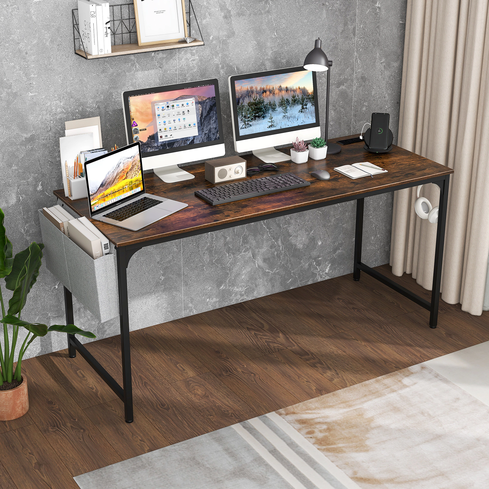 SUGIFT 64-Inch Rustic Brown Industrial Computer Desk with Power Outlet, USB Port, Storage Bag and Hook
