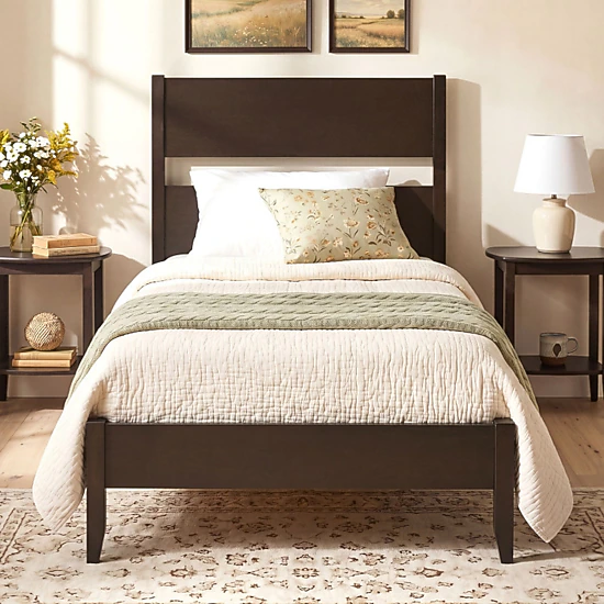 SUGIFT Solid Wood Twin Bed Frame with Headboard and 12 Slats 550-lb Capacity 79.5-in Frame Warm Brown/Dark Walnut