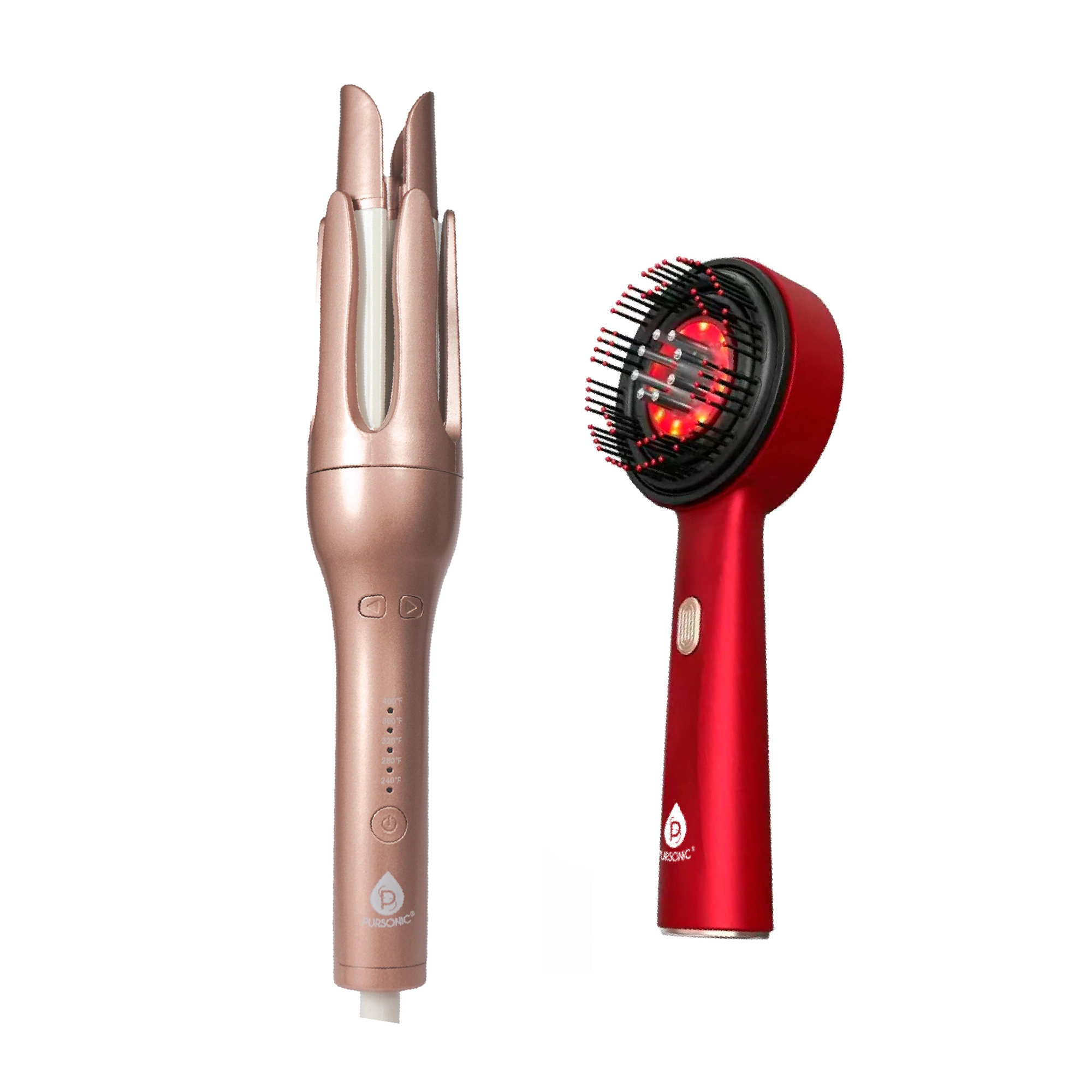 Pursonic Women's Hair Styling & Scalp Care Bundle: LED Scalp Therapy Brush + Professional Automatic Curling Iron