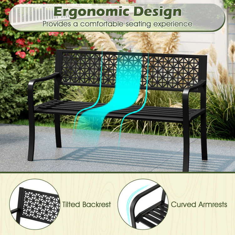 Hivvago 50 Inch Garden Bench With Patterned Backrest And Curved Armrests For 2-3 Person-Black