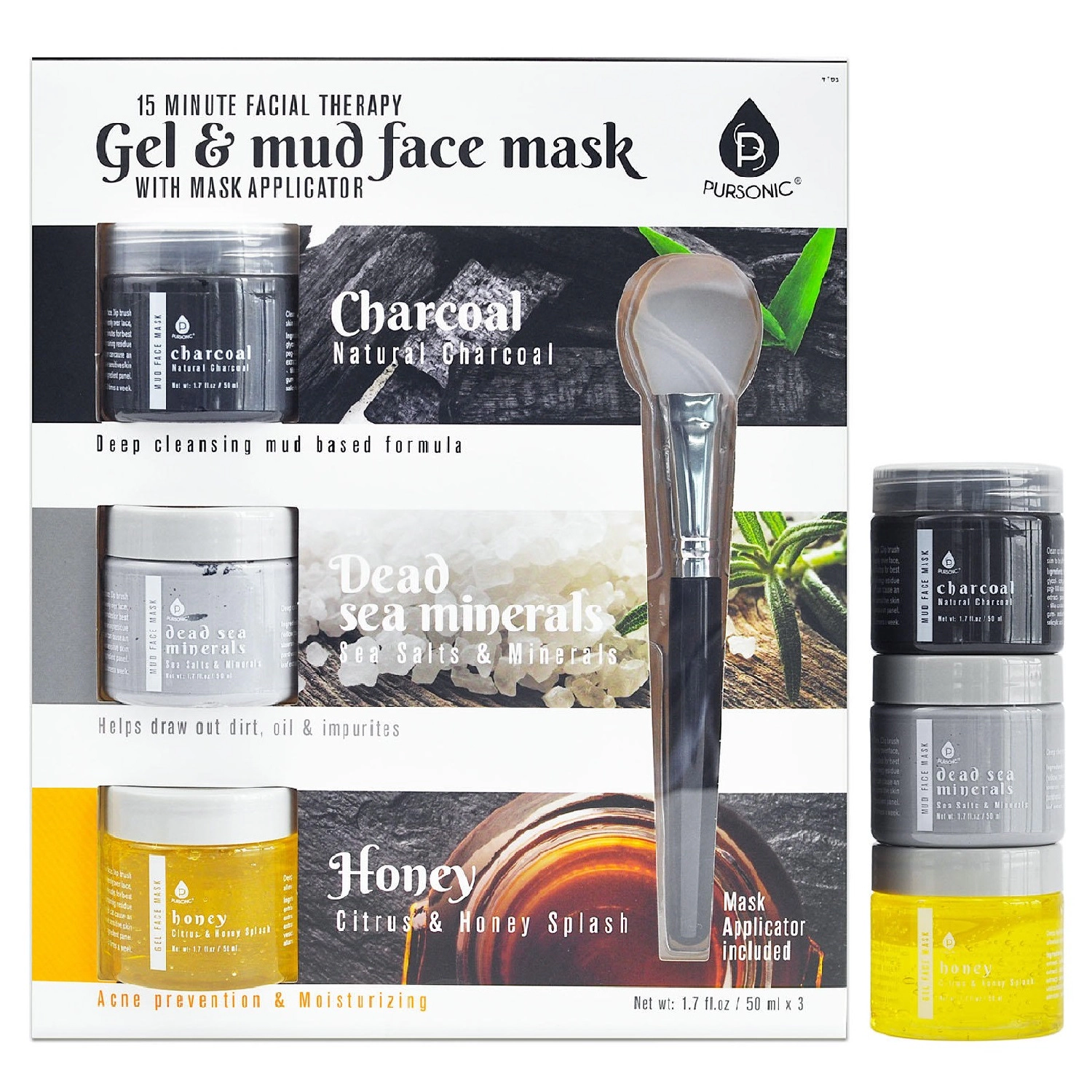 Pursonic Unisex 3-Pack Facial Therapy Cleansing Gel Mud Face Masks with Mask Applicator