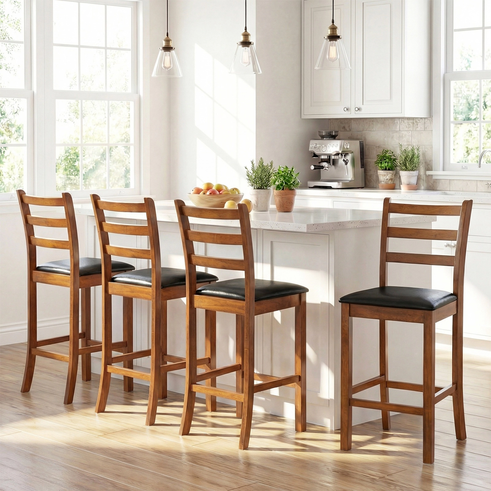 SUGIFT Set of 2 Black PU Leather Seat Ladder Back 24-in Seat H Counter Height Bar Stools Walnut