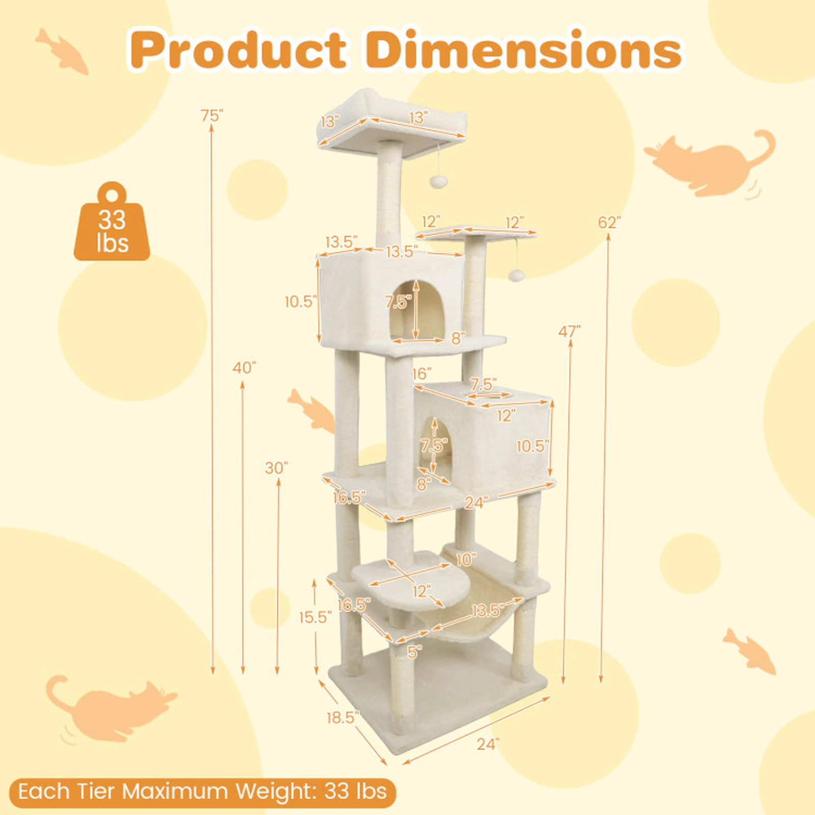 SUGIFT 58 Modern Cat Tree with 2 Condos Upholstered Perch and Hammock
