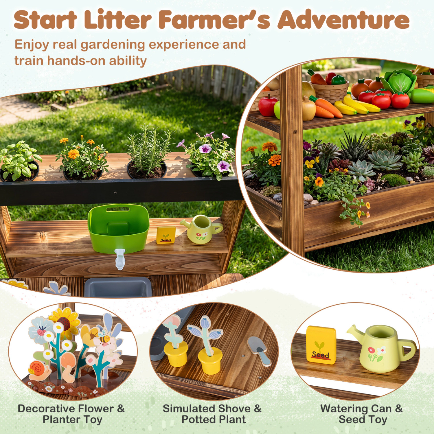 Hivvago Outdoor Wood Mud Kitchen with Water Faucet and Planter