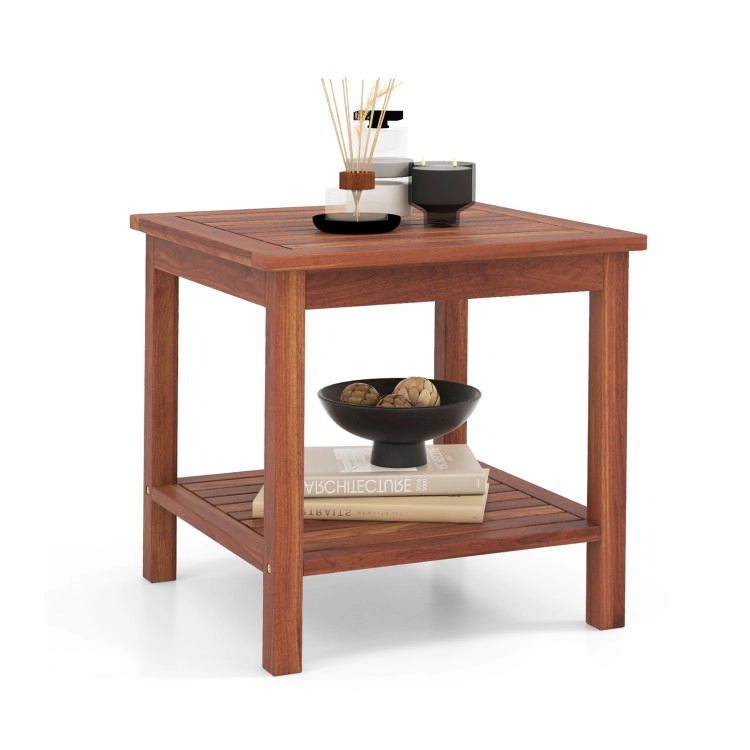 Hivvago Double-Tier Acacia Wood Patio Side Table With Slatted Tabletop And Shelf