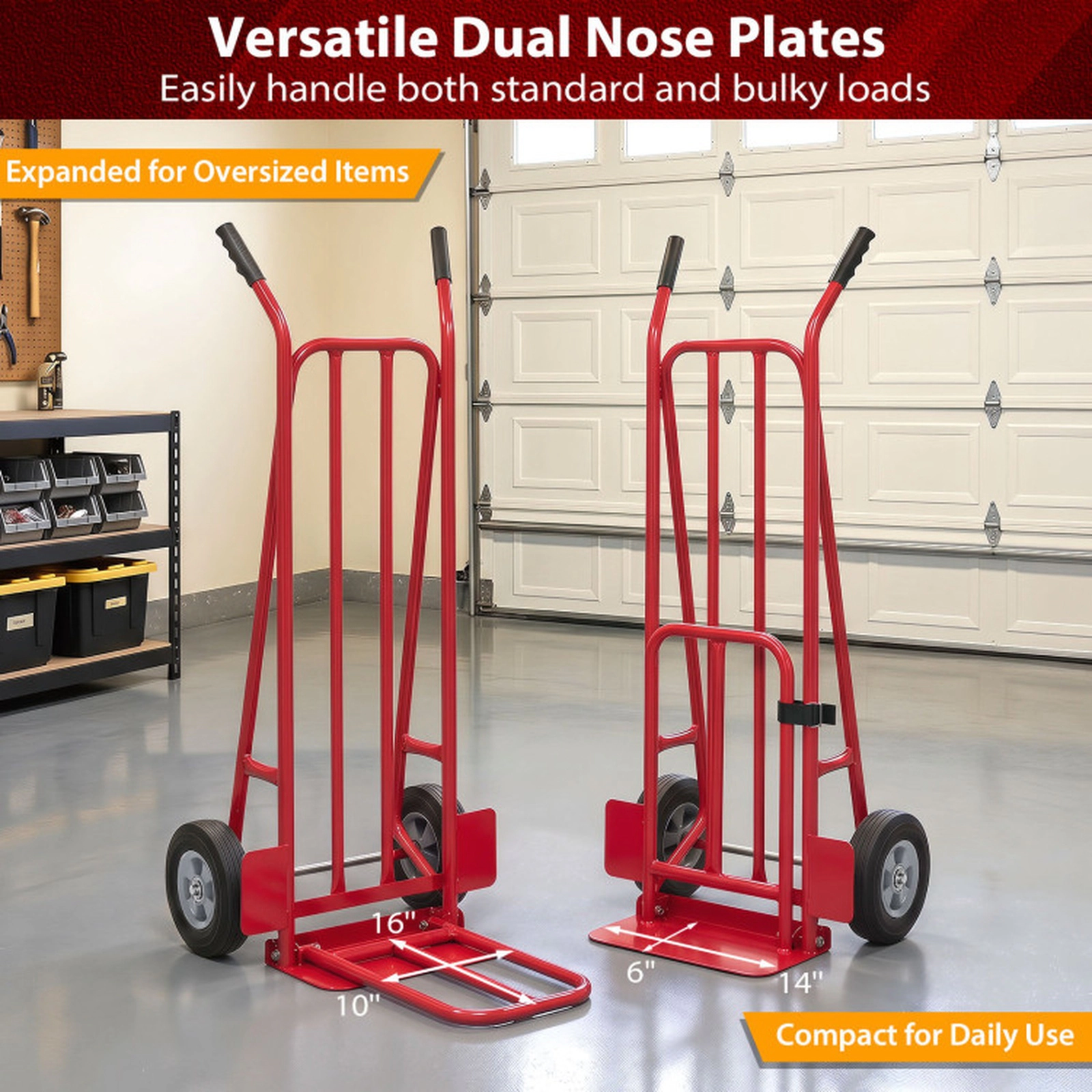 SUGIFT 660-lb Capacity Heavy Duty Convertible Folding Hand Truck Dolly Cart with Dual Nose Plates and 8-in Wheels