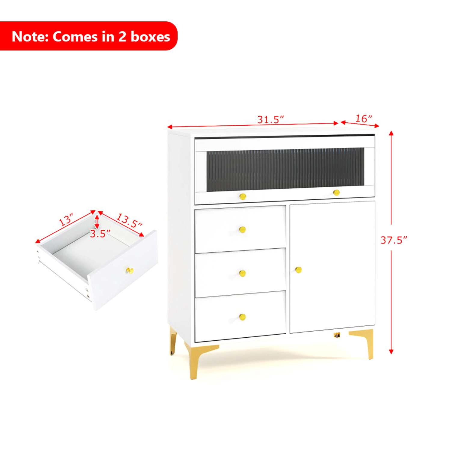 Hivvago Drawer Chest with Flip-Up Ribbed Glass Door for Bedroom or Kitchen