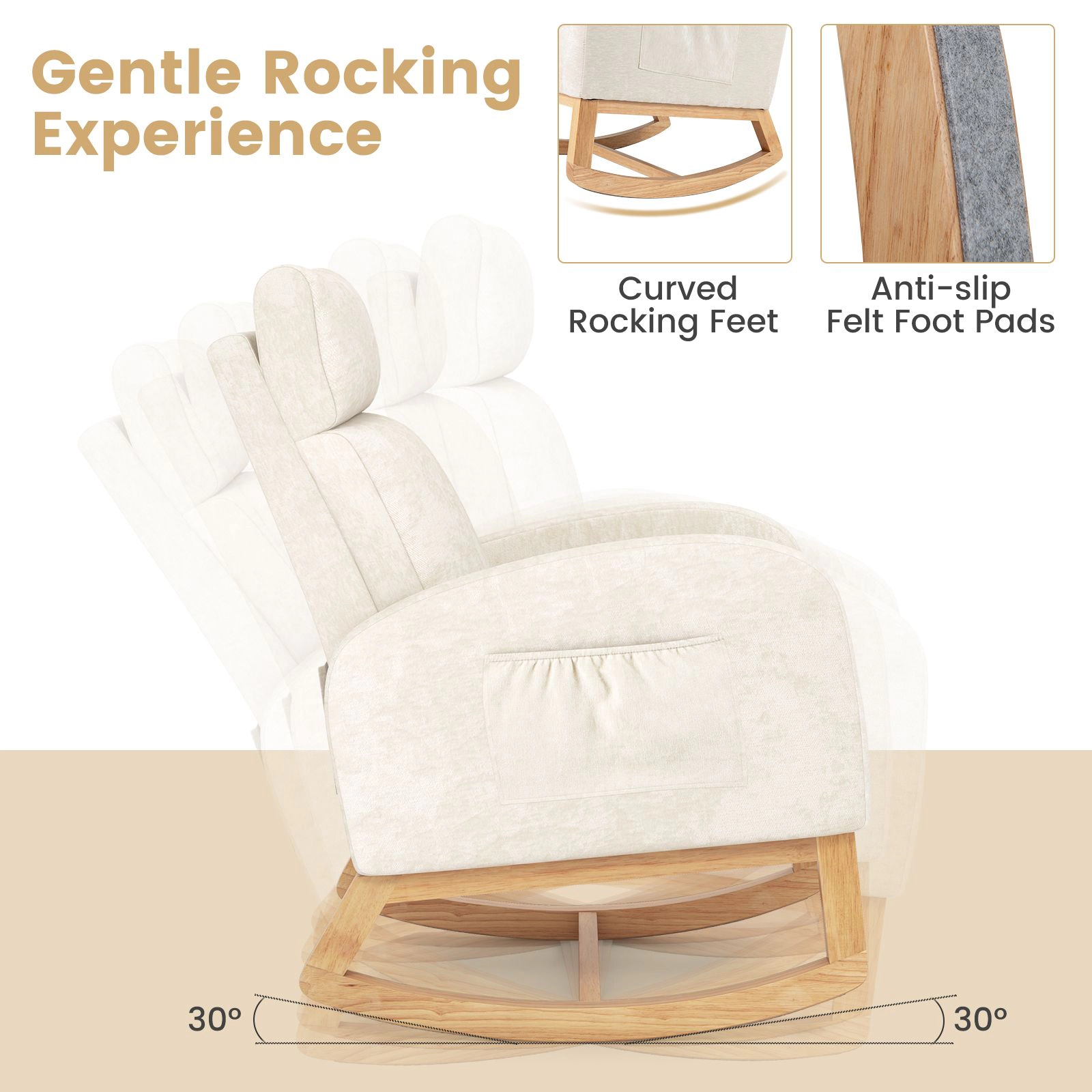 SlickBlue Chenille Rocking Chair with Side Pocket, 400 Lbs Capacity