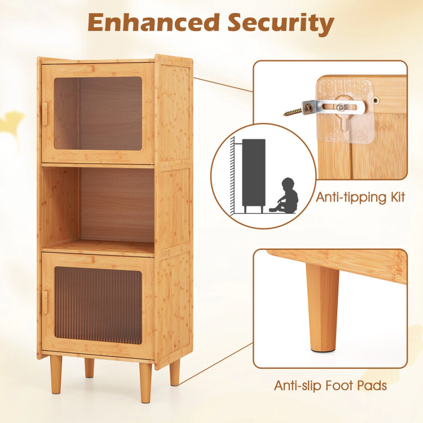 SUGIFT Natural Open Compartment and 2 Acrylic Doors 3-Cube Bamboo Storage Cabinet