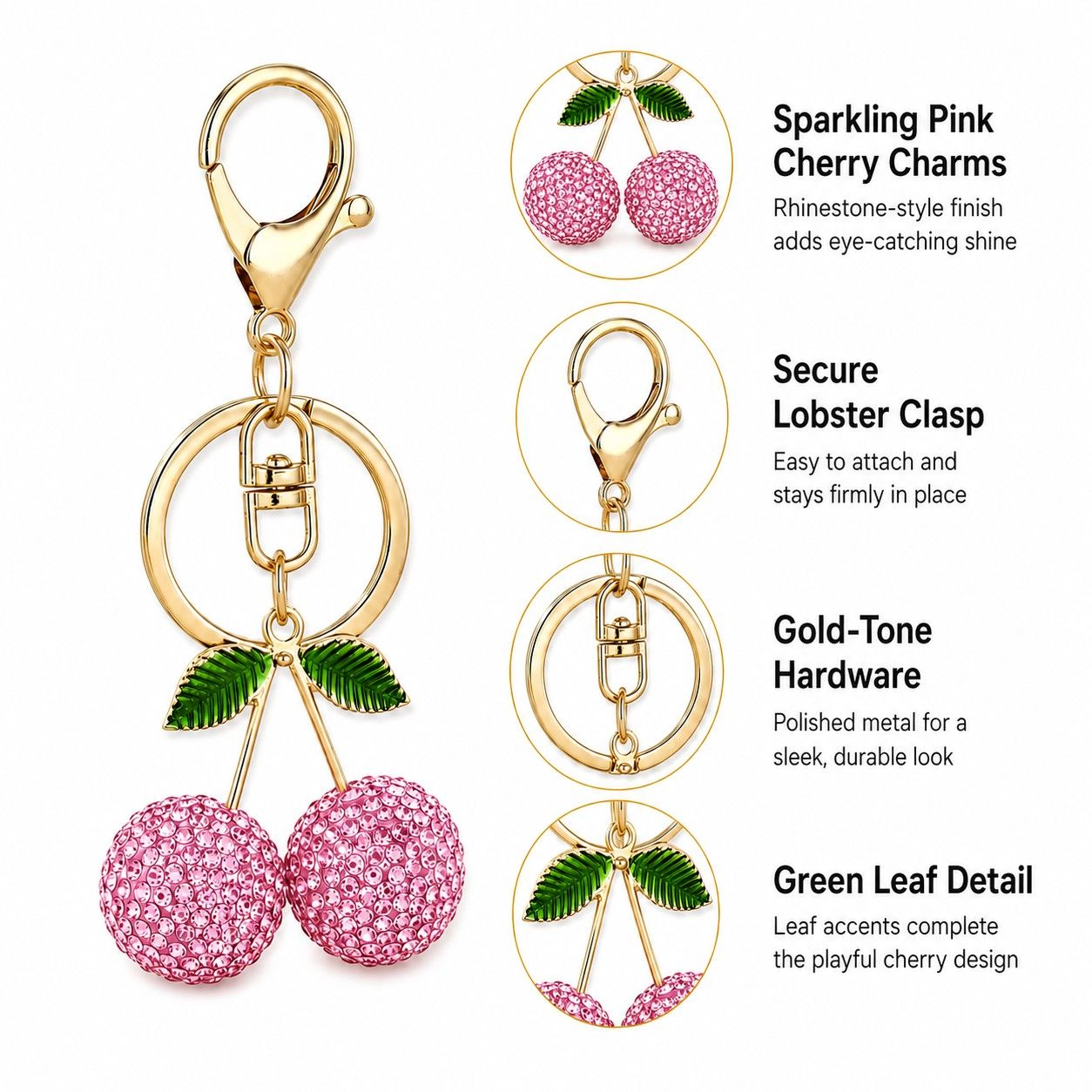 Alilang Women's Rhinestone Cherry Bag Charm Keychain with Gold-Tone Lobster Clasp, Pink
