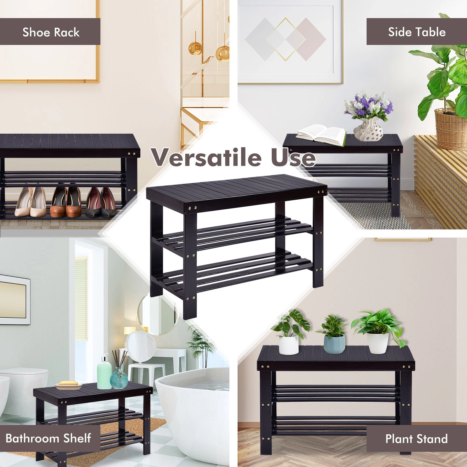 SlickBlue Black Entryway Shoe Bench with Seat and Storage Organizer