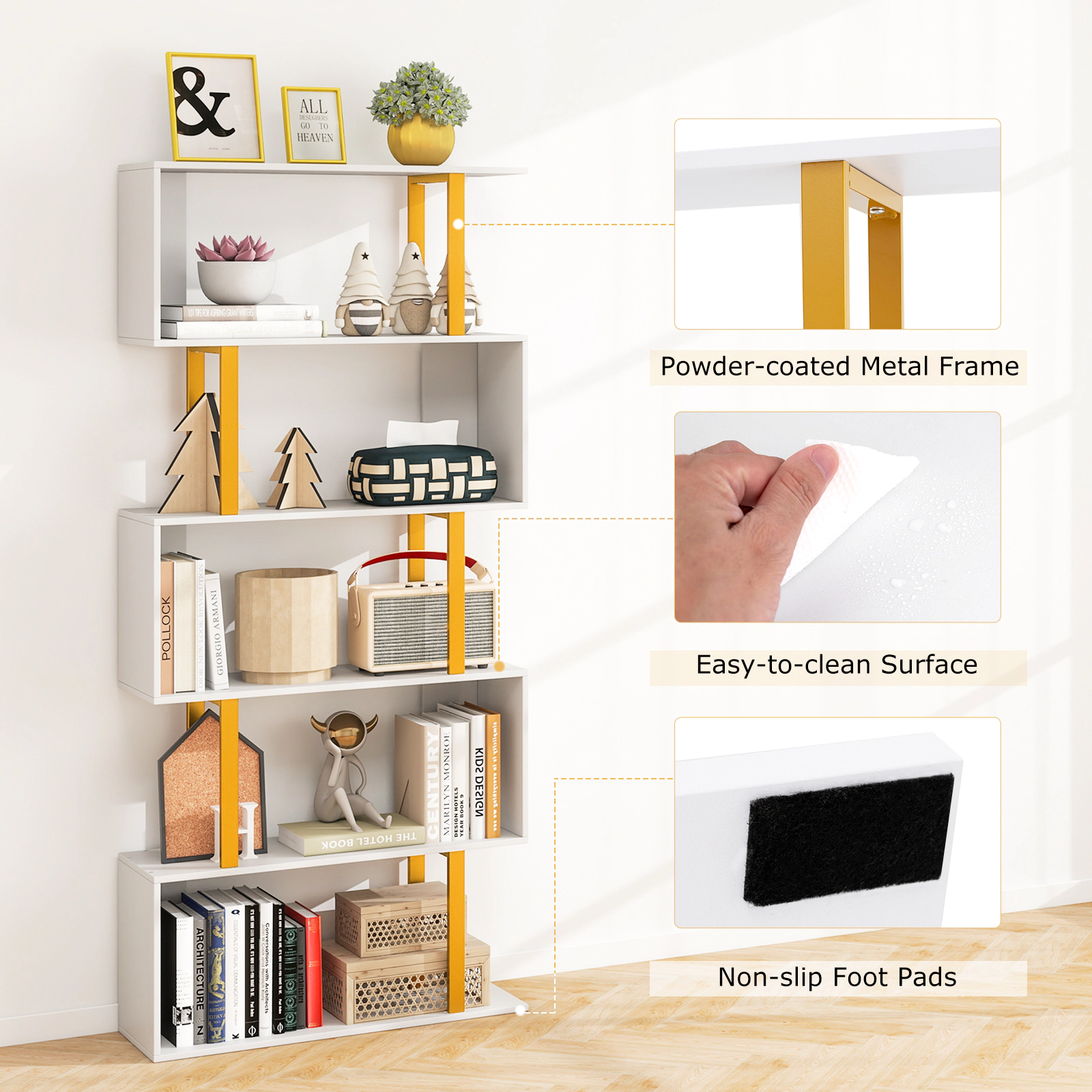 SUGIFT White and Gold Metal Frame and Anti-Tipping Kit Geometric Bookcase