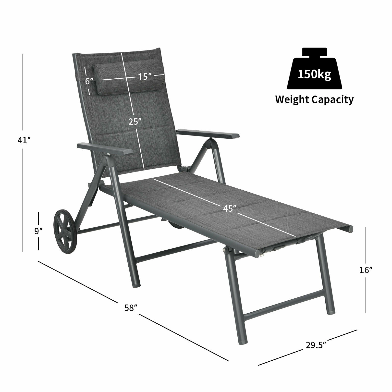 SUGIFT Adjustable Aluminum Patio Reclining Chaise Lounge Chair with Wheels 330-lb Capacity Gray