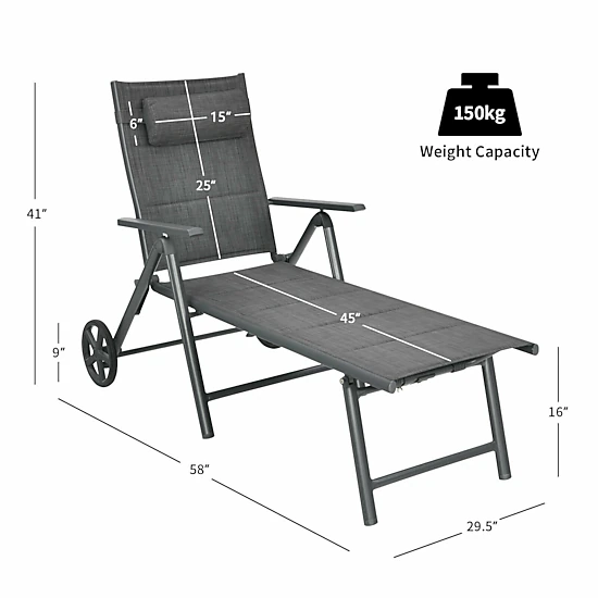 SUGIFT Adjustable Aluminum Patio Reclining Chaise Lounge Chair with Wheels 330-lb Capacity Gray