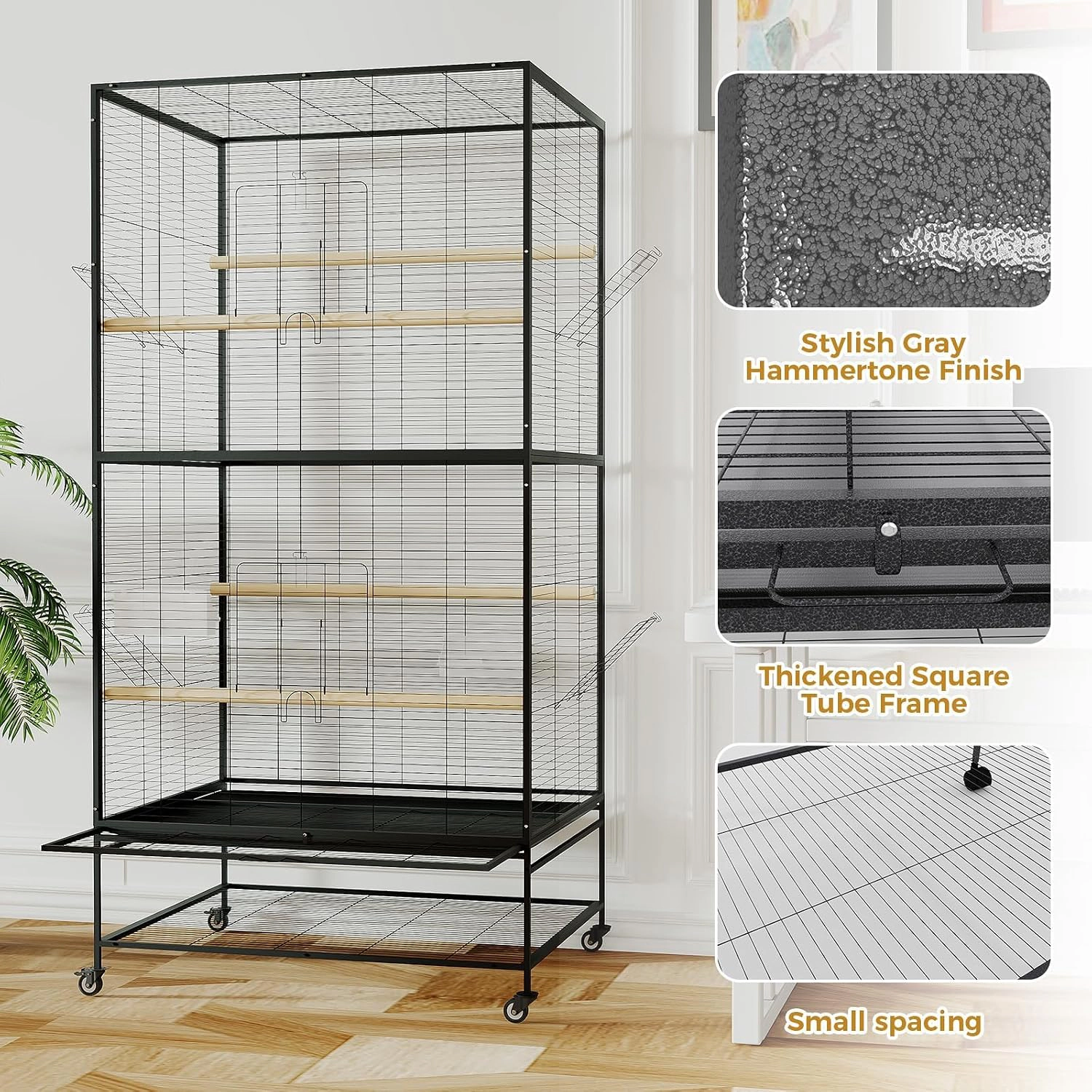 66-Inch Flat-Top Wrought-Iron Parrot Bird Cage, Rolling-Stand Large Pet Aviary for Parakeets
