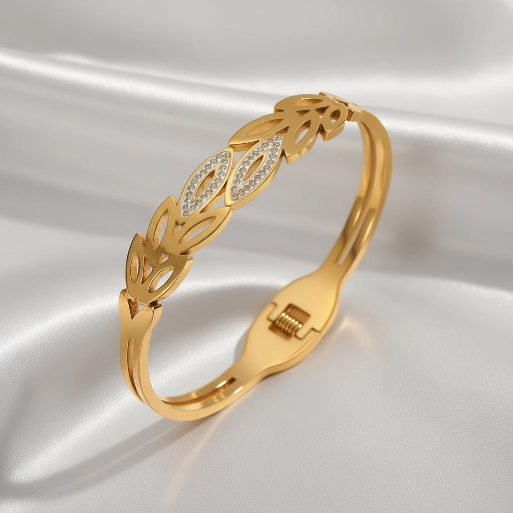 DressAtR Women's 18K Gold Plated Rhinestone Leaf Bangle