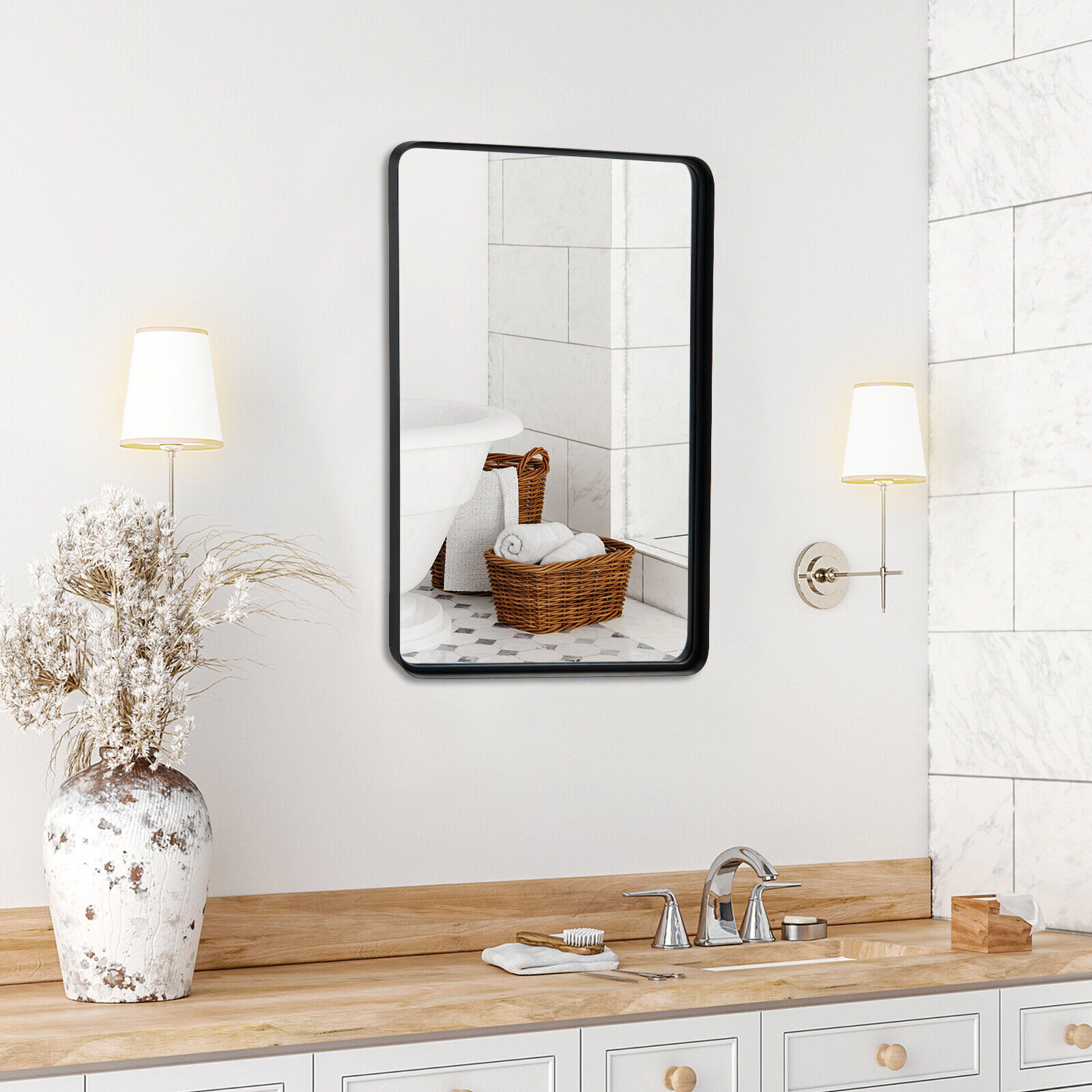 SUGIFT Large Rectangular Wall Mount Black Bathroom Vanity Mirror