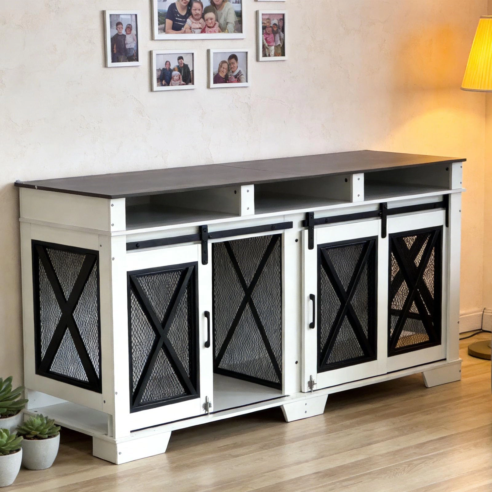 71" Double Dog Crate Furniture, Heavy Duty Wood & Metal Kennel with Divider & Sliding Door, TV Stand