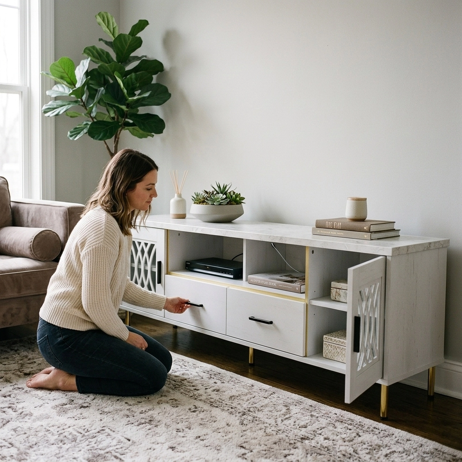 SUGIFT 71 in TV Stand White and Gold with Faux Marble Top and Patterned Glass Doors