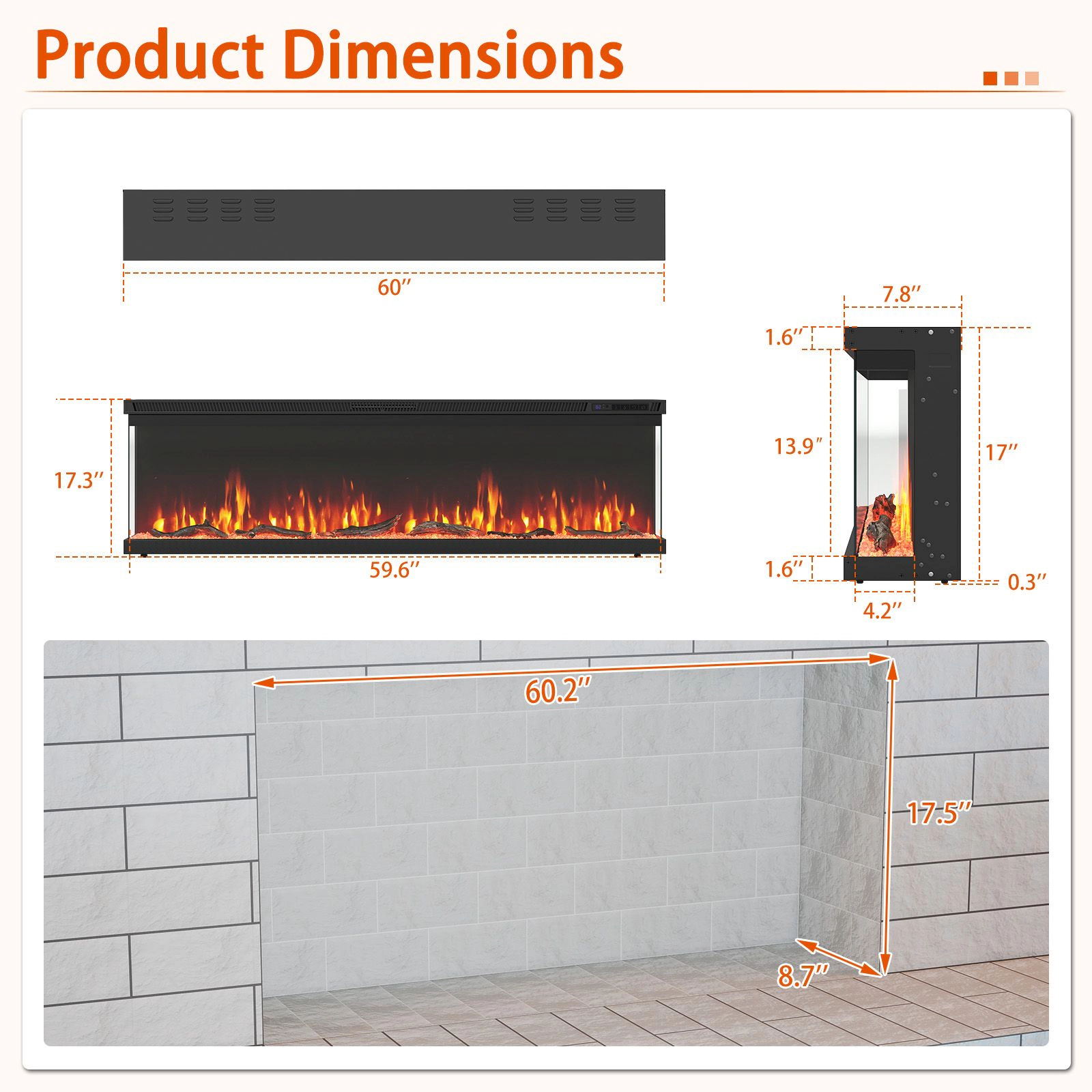 SlickBlue 60 Inch Electric Fireplace Insert with Remote Control