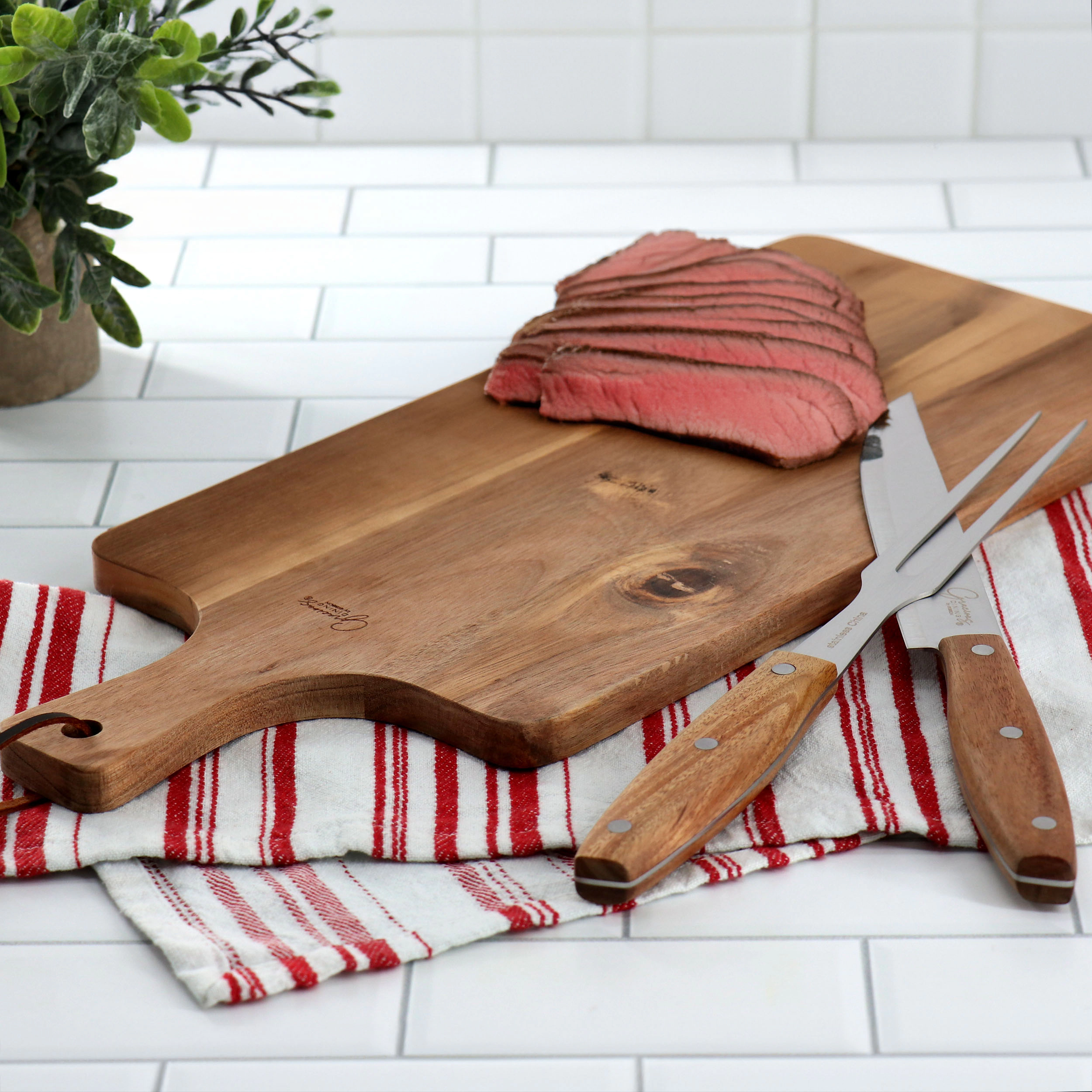 Gibson Elite 3 Piece Acacia Wood Serving Board with Carving Knife and Fork in Brown