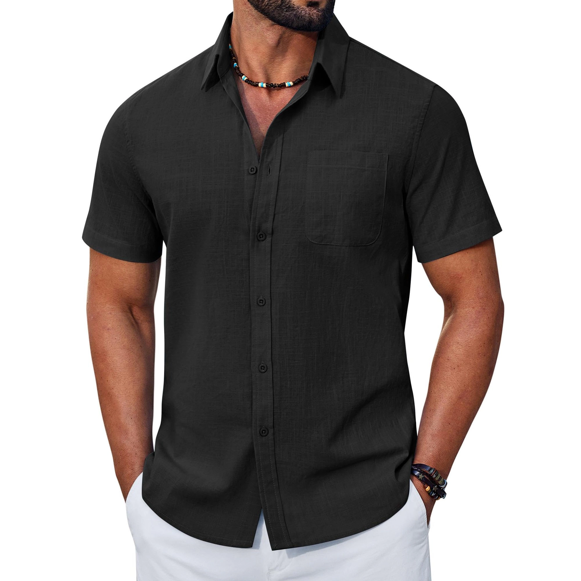 COOFANDY Mens  Short Sleeve Button Down Shirt Lapel Collar Pocket Casual Tops