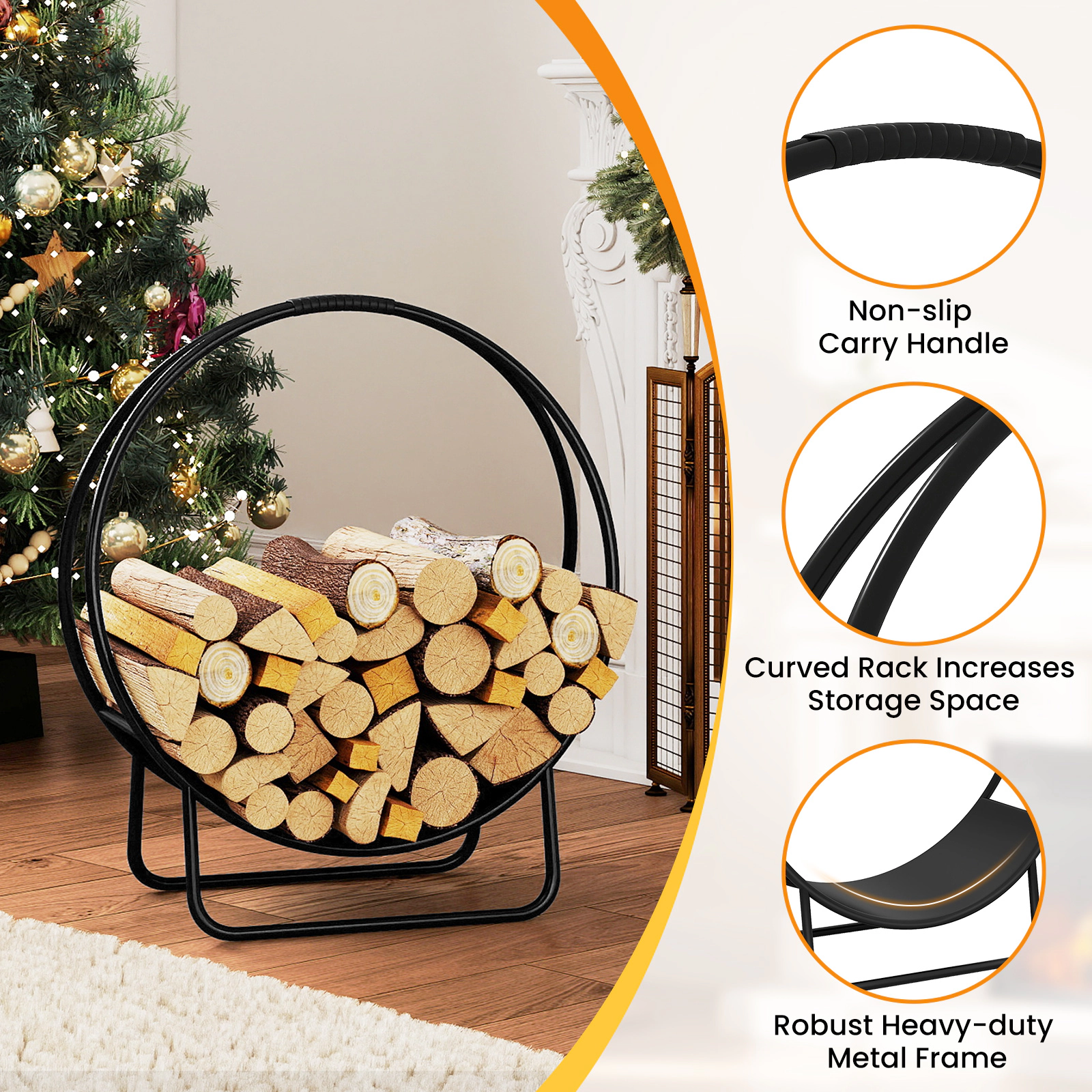 Hivvago Firewood Log Hoop 20 Inch Round Heavy-Duty Metal Curved Log Rack With Stand