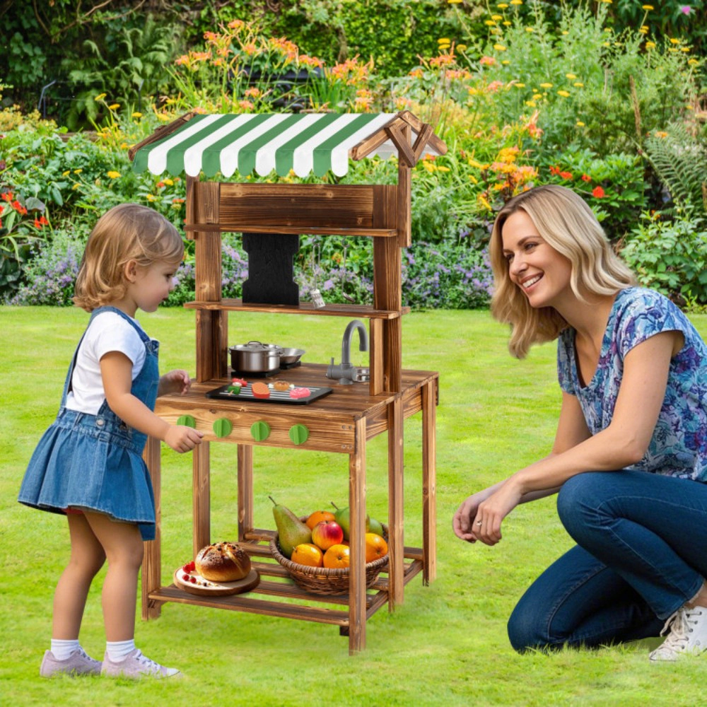 SUGIFT Double-Sided Mud Kitchen with Canopy and Sliding Chalkboard for Ages 3+ Brown