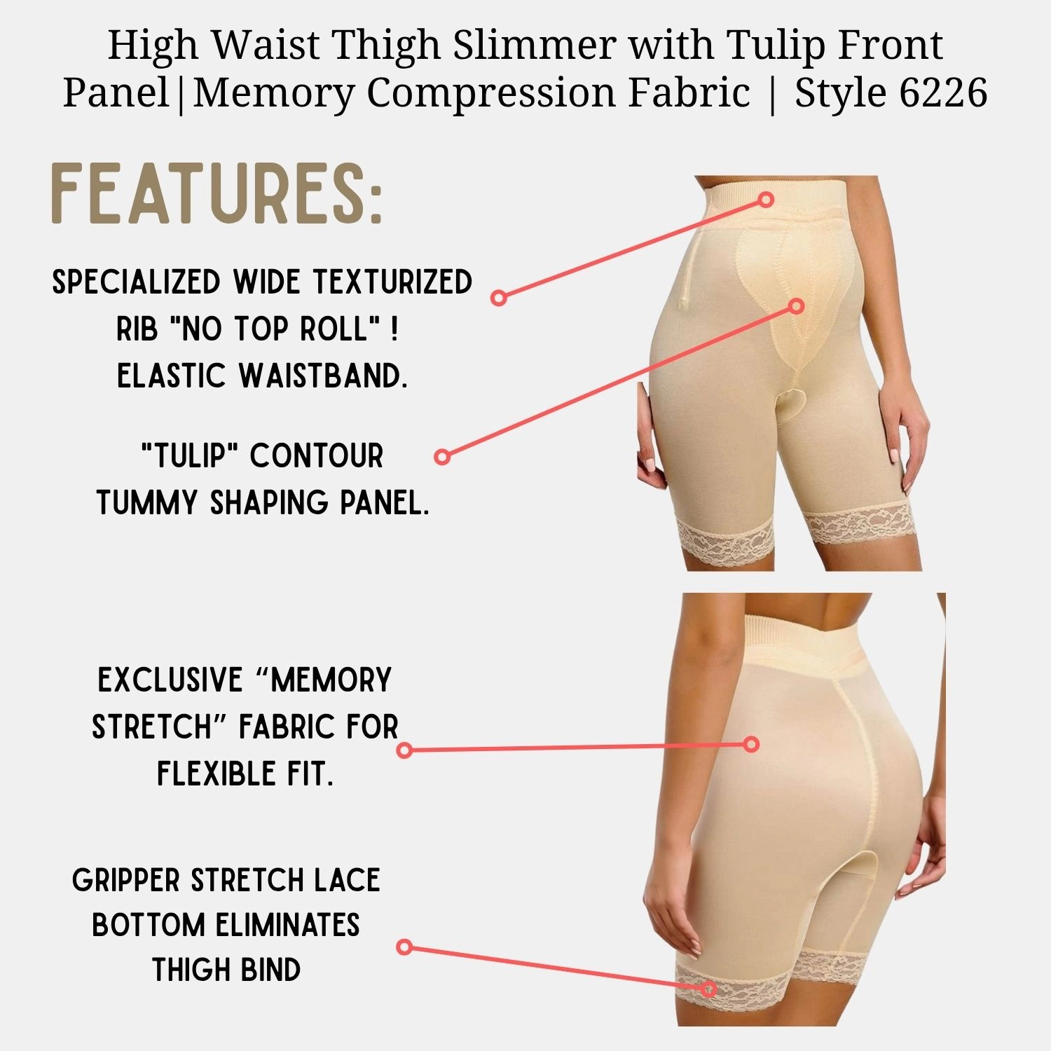 Rago High Waist Thigh Slimmer with Tulip Front Panel | Satin & Smooth Fabric Medium to Firm Support Style 6226