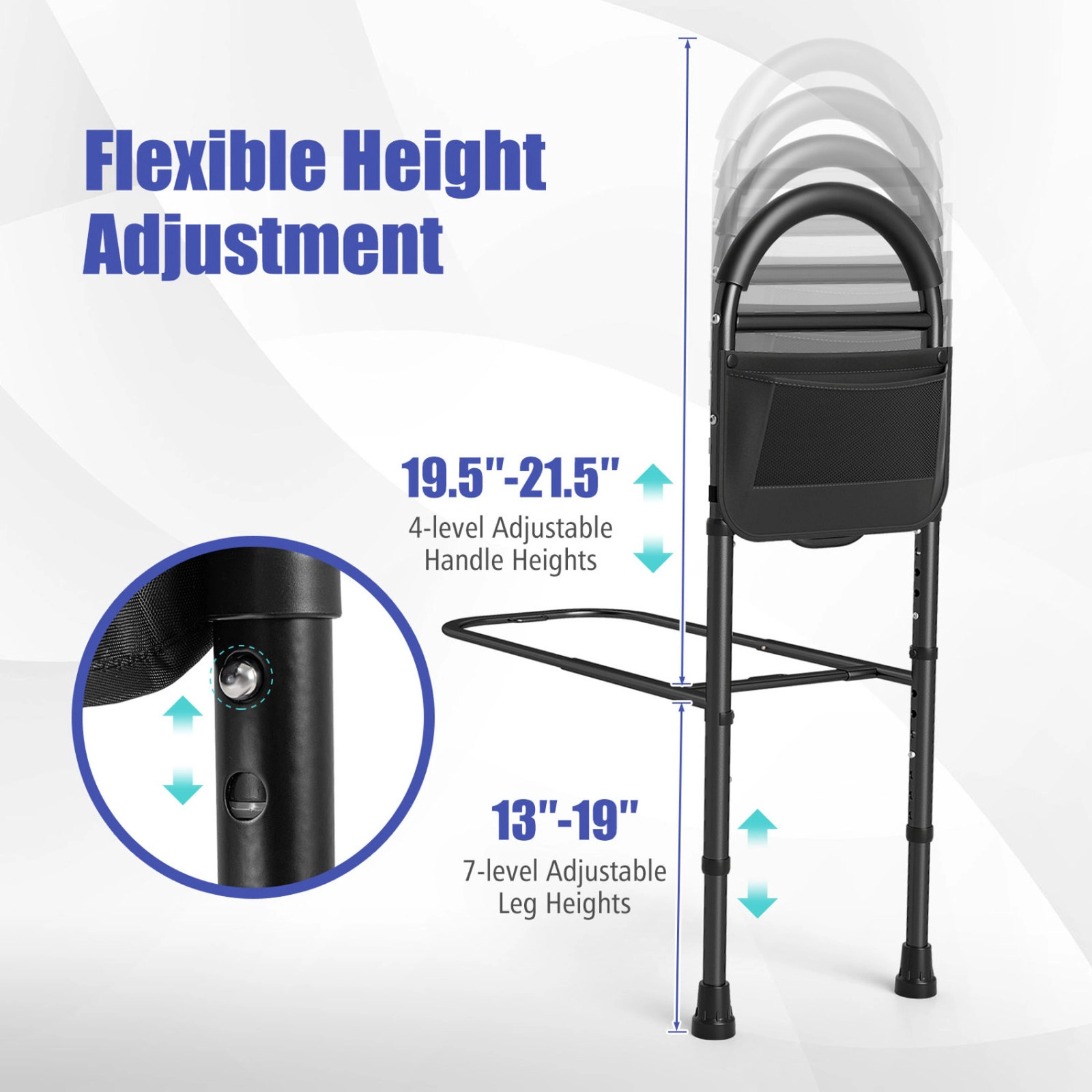 SUGIFT Height Adjustable Bed Assist Rail Storage Pocket 71-in Safety Strap 300-lb Capacity 13-19-in Bed Frames Black