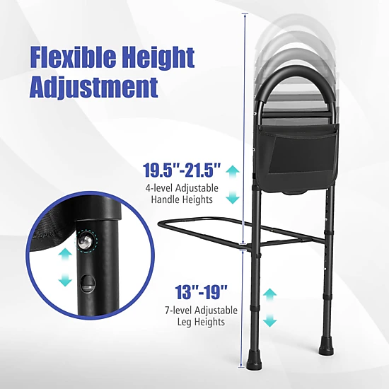 SUGIFT Height Adjustable Bed Assist Rail Storage Pocket 71-in Safety Strap 300-lb Capacity 13-19-in Bed Frames Black