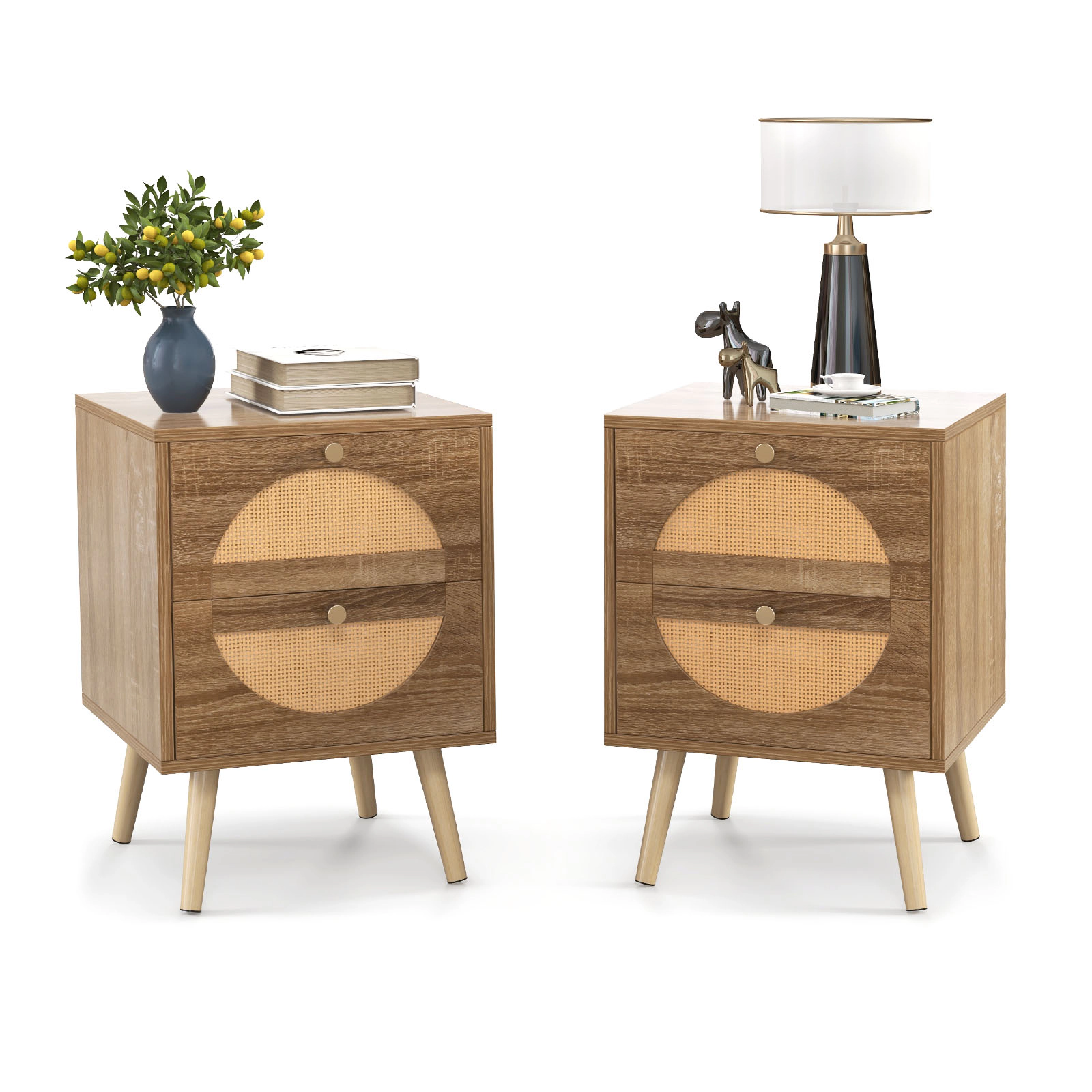 Glintex 2-Piece Rattan Nightstand Set with 21.5-Inch Wide Top and 2 Drawers, Natural