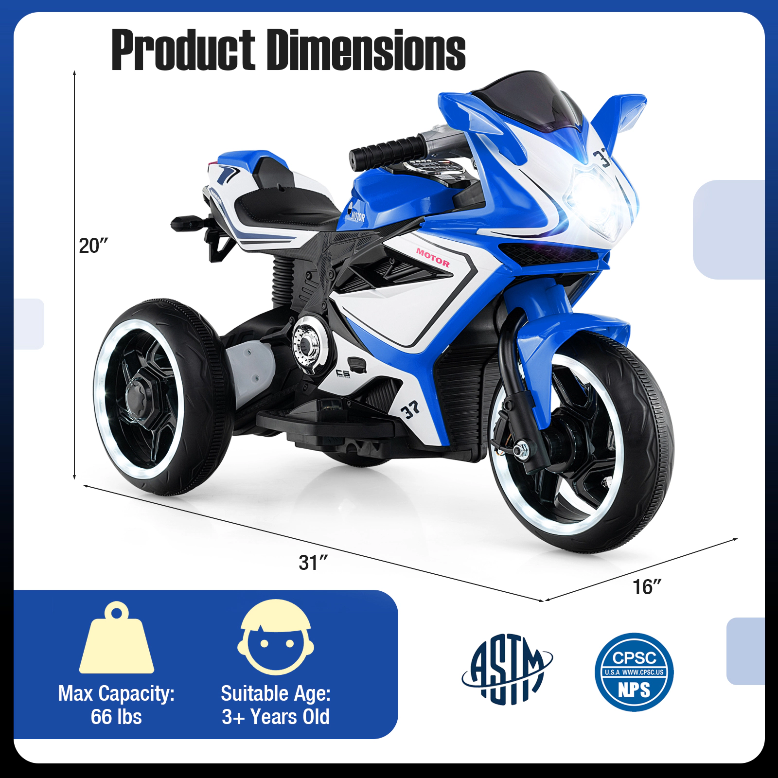 Kids Ride on Motorcycle 6V Battery Powered 3-Wheel Electric Motorbike LED Headlight Music USB Ages 3+ 66-lb Capacity
