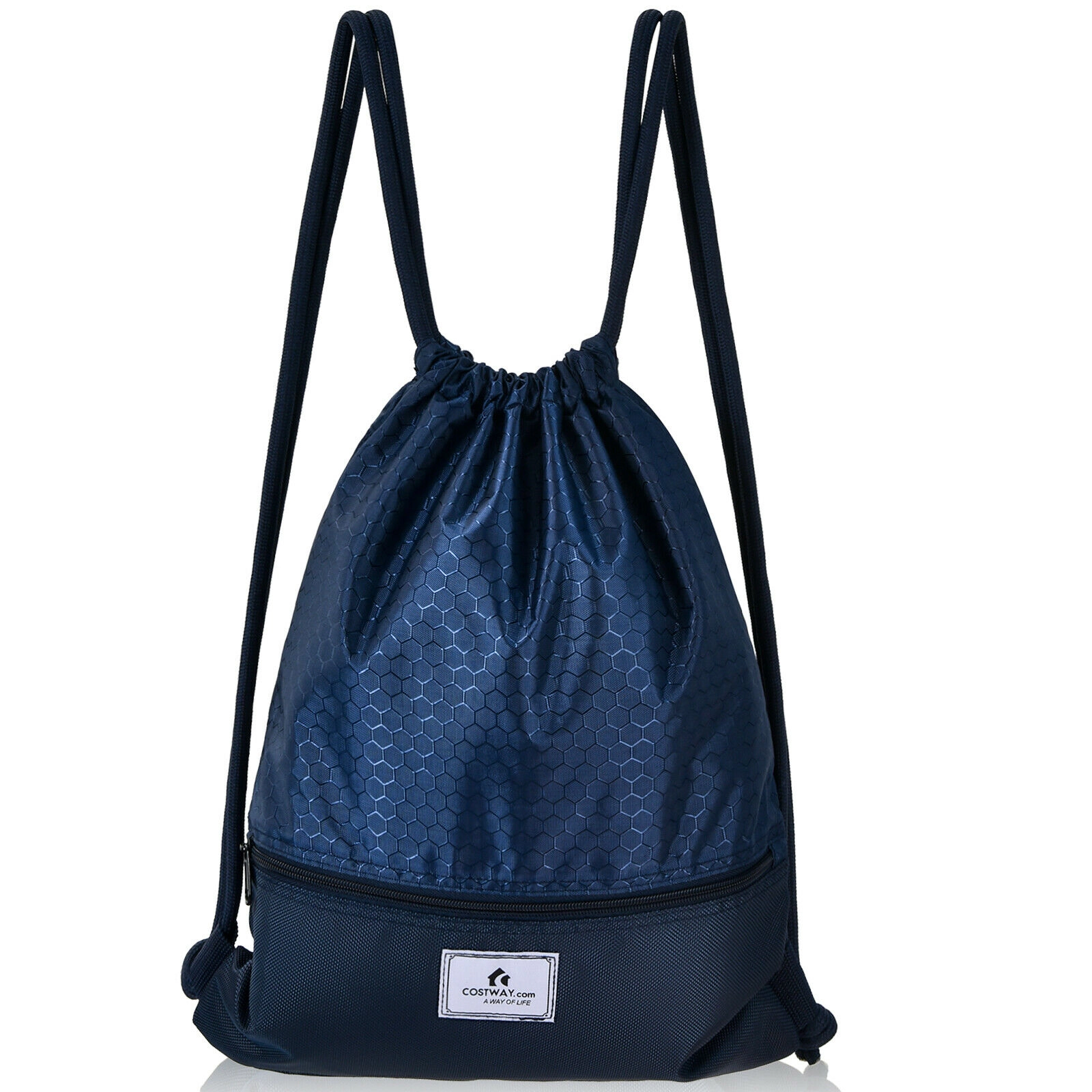 SUGIFT Dark Blue 17-in x 14-in Foldable Mesh Back Polyester Drawstring Backpack String Bag with Zipper Pockets