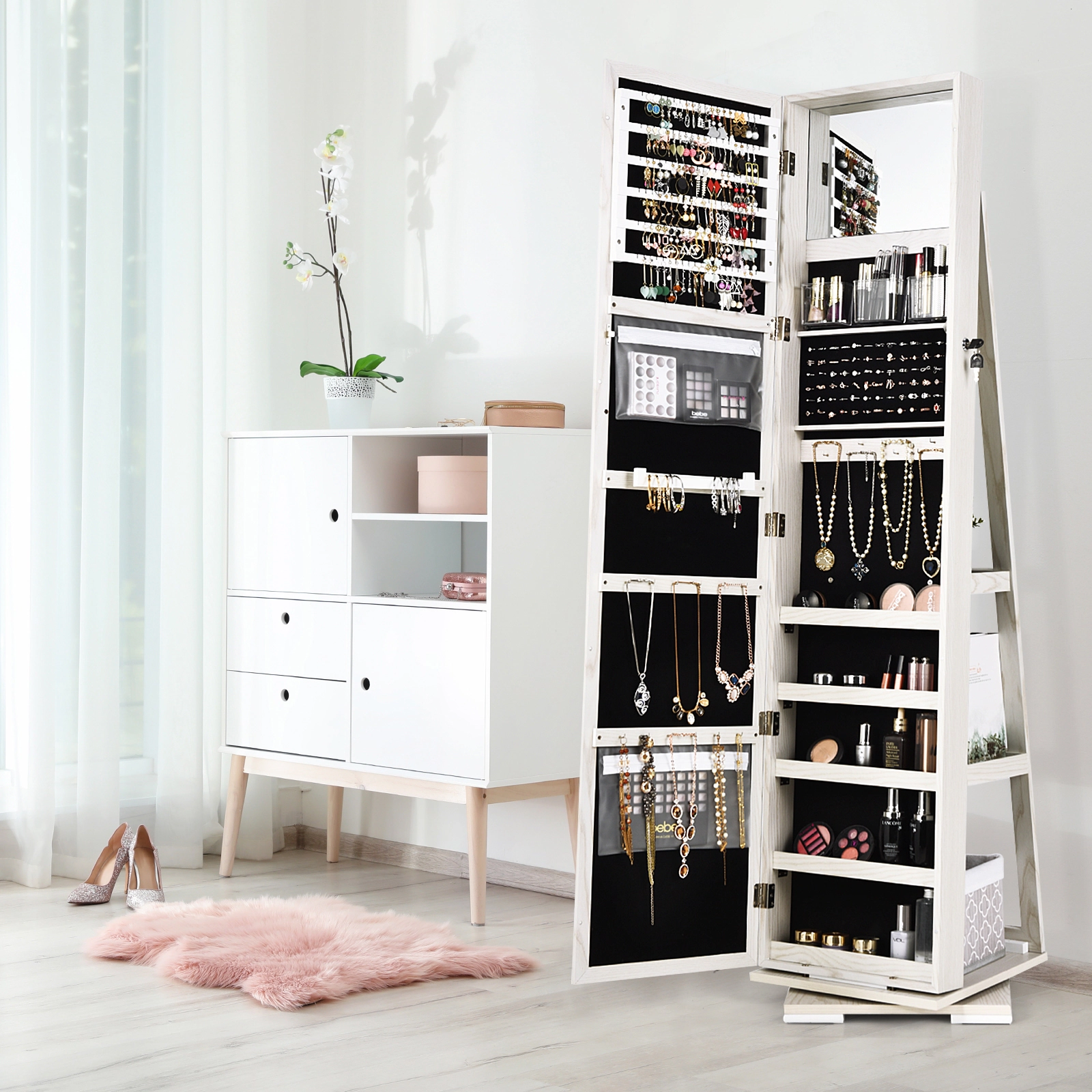 SUGIFT White 360-Degree Rotating Jewelry Cabinet with 100 Earring Slots 30 Hooks and Full-Length Mirror