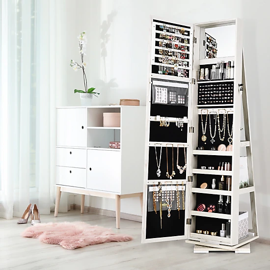 SUGIFT White 360-Degree Rotating Jewelry Cabinet with 100 Earring Slots 30 Hooks and Full-Length Mirror