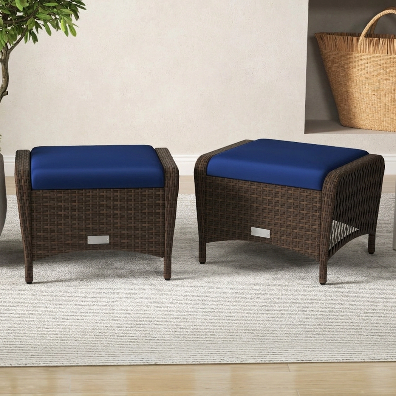 SUGIFT Outdoor Patio Ottomans 400-lb Capacity with Removable Cushions Navy