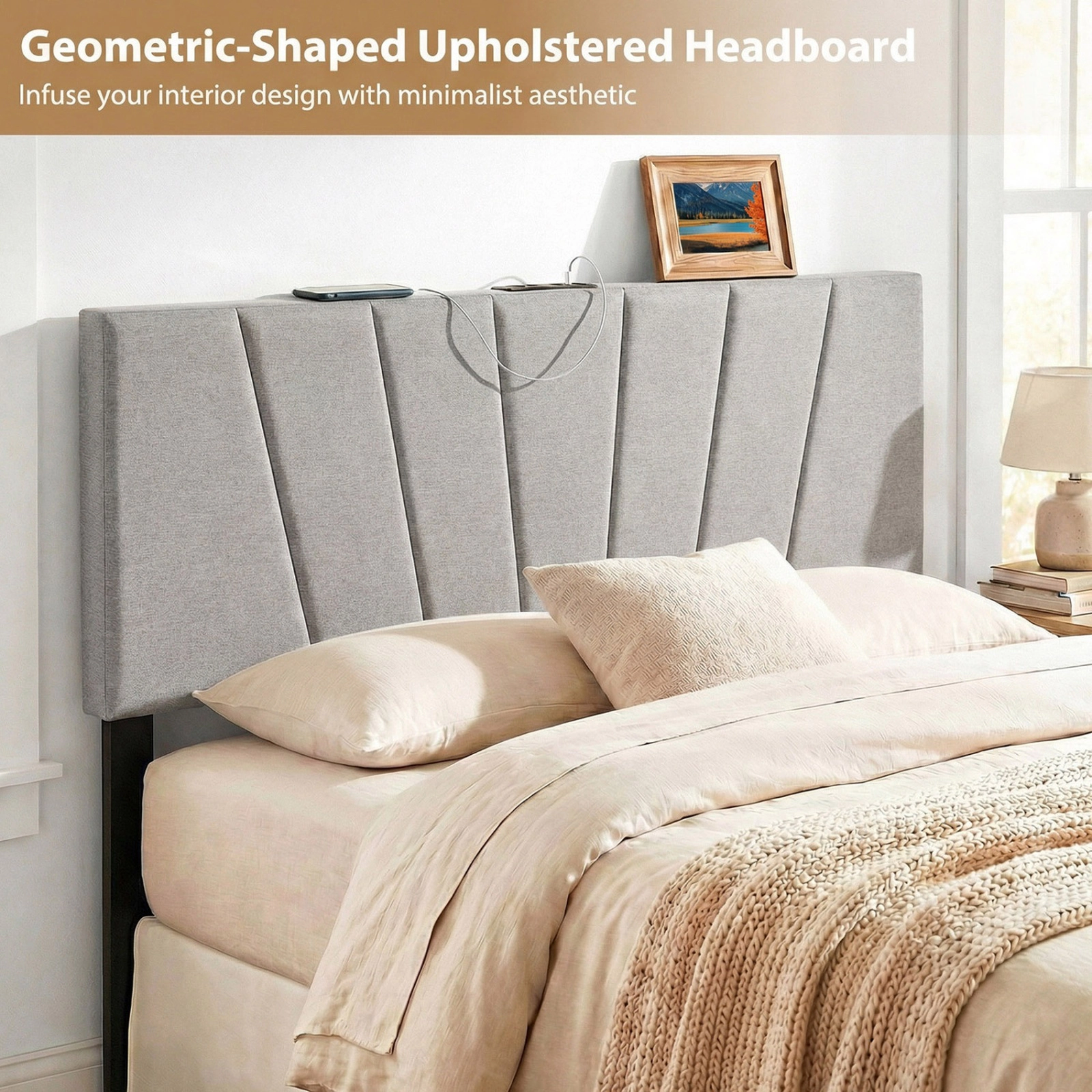 SUGIFT Geometric Upholstered Headboard Gray for Queen and Full Bed with USB Ports
