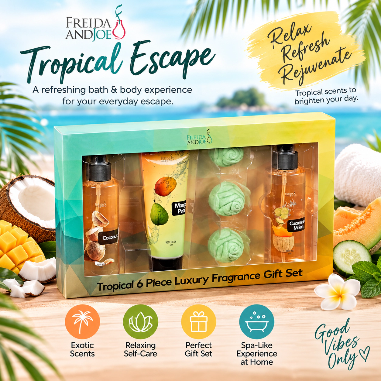 Freida and Joe  Women Tropical Coconut, Cucumber, Mango Pear Body Splash Set Valentine's Gift