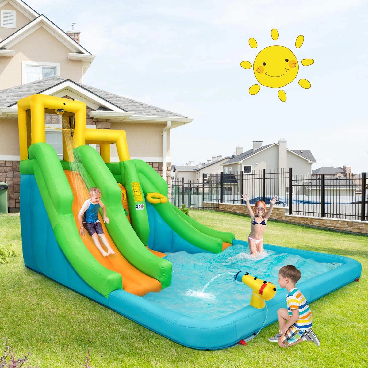 SUGIFT Double Slides Climbing Wall and Basketball Rim Kids Inflatable Water Park Bounce House