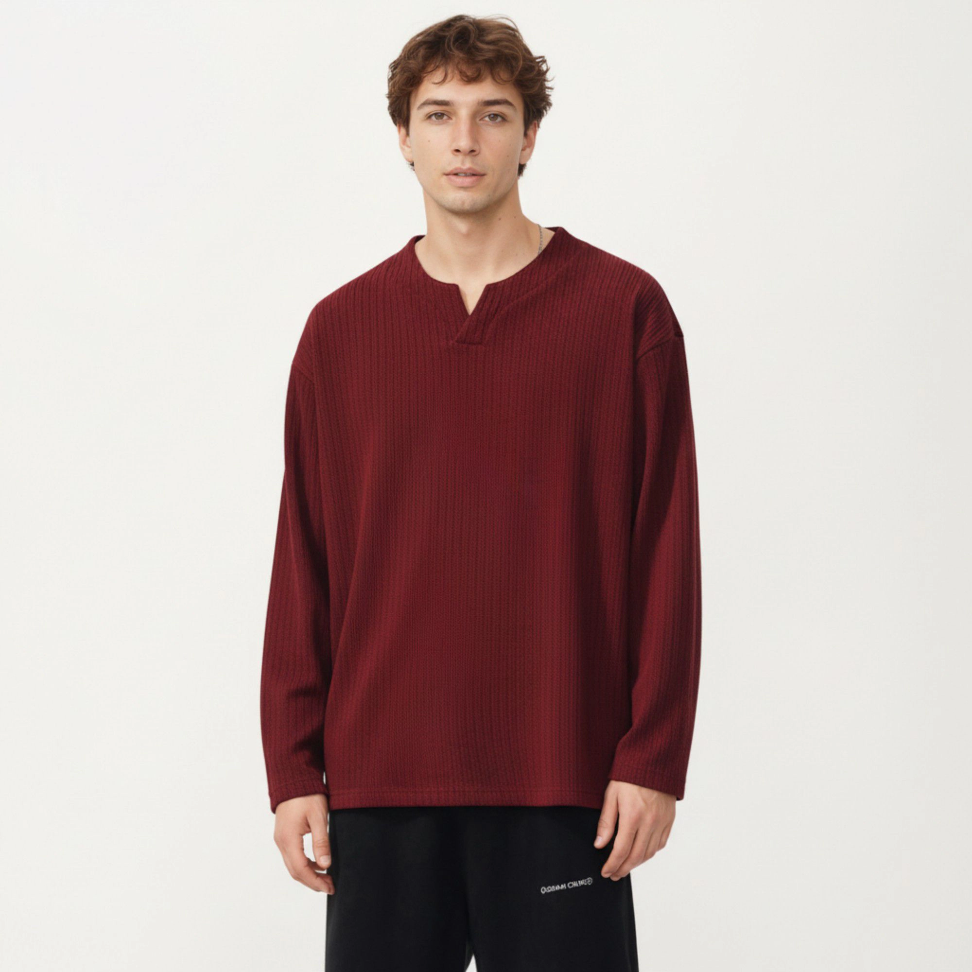 Anna-Kaci Men's Ribbed Long Sleeve Split Neck Top with Relaxed Fit