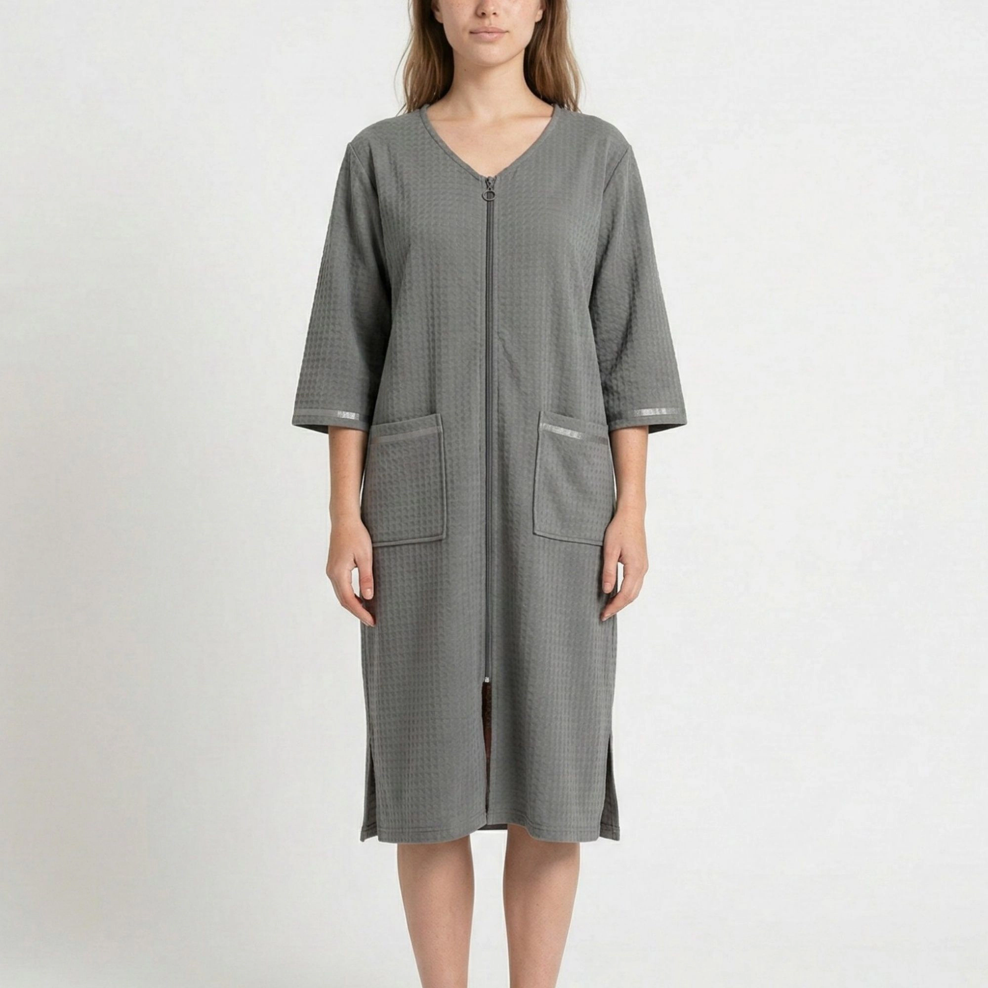Anna-Kaci Women's Textured Knit Zip Front Nightgown V Neckline Three Quarter Sleeves Relaxed Fit Sleep Dress Pockets