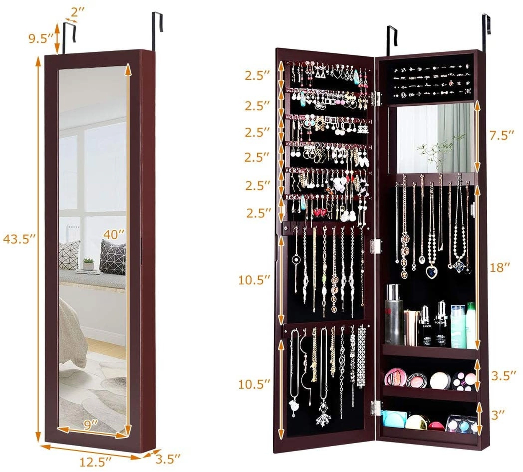 SUGIFT Dark Brown Full-Length Mirror Jewelry Cabinet with Ring Slots Necklace Hooks and Wall Storage