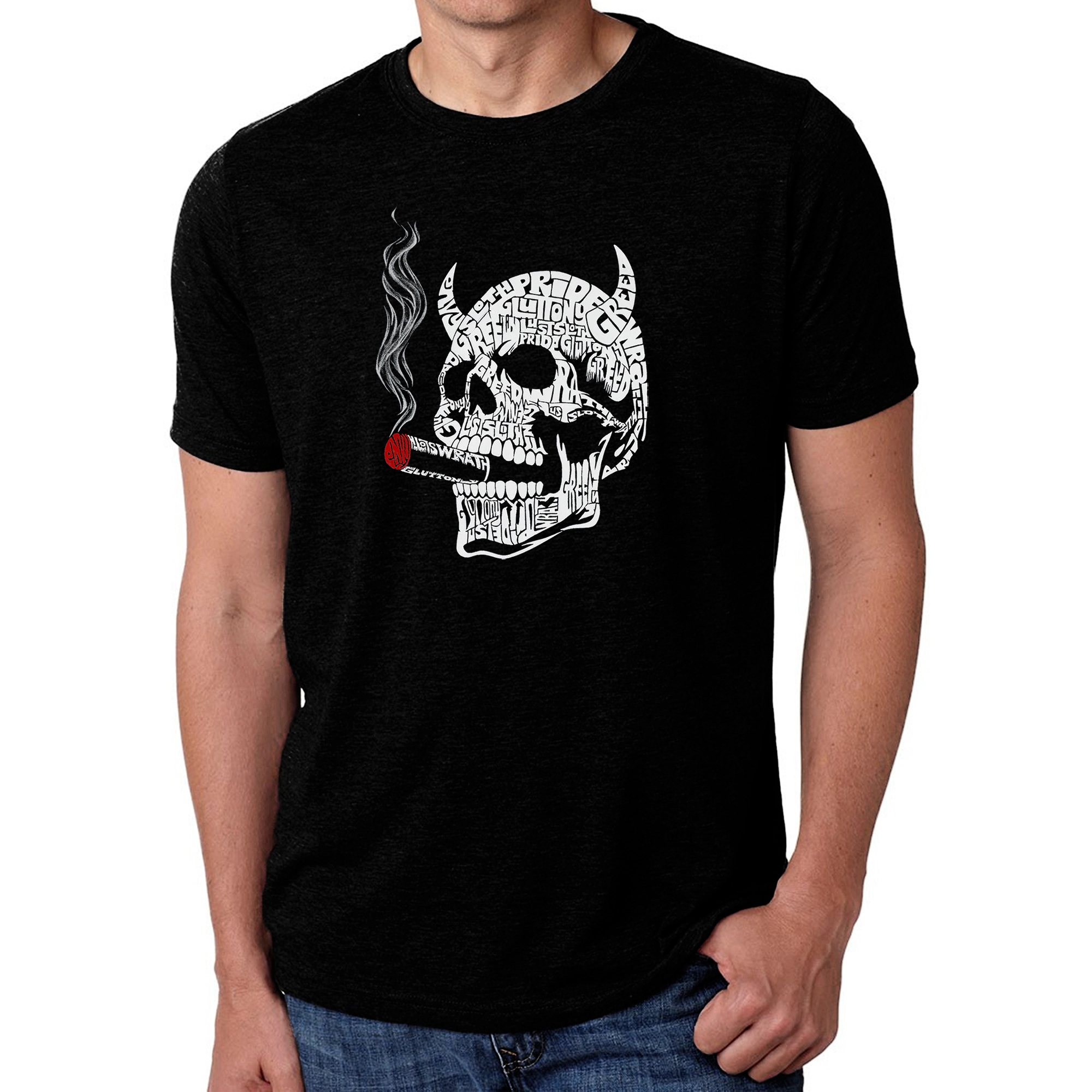 LA Pop Art Men's Cotton/Poly Blend Word T-Shirt - 7 Deadly Sins Skull