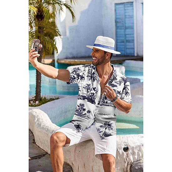 COOFANDY Mens Hawaiian Shirts Short Sleeve Tropical Print Button Down Casual Tops