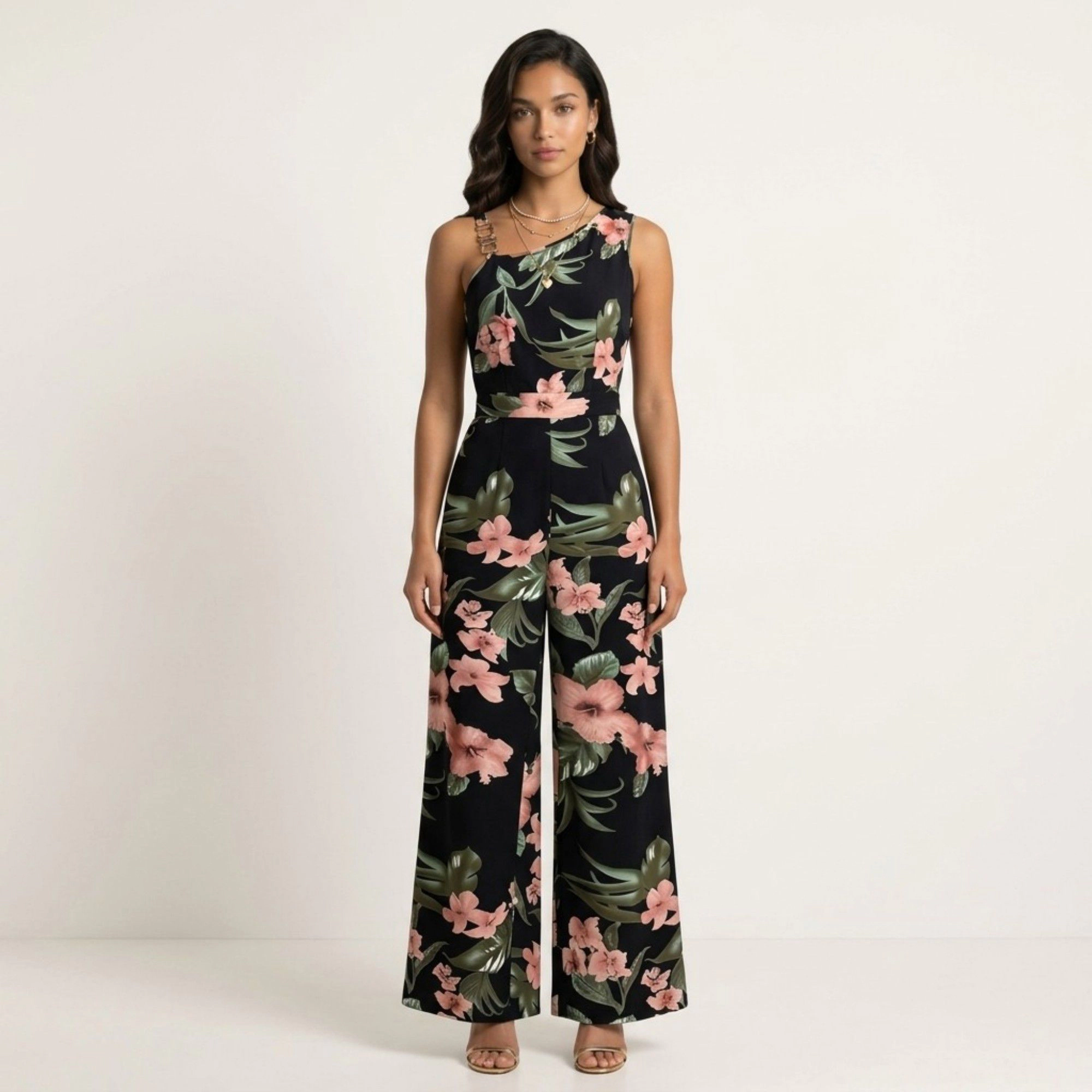 Anna-Kaci Womens Floral Asymmetrical Neck Wide Leg Jumpsuit