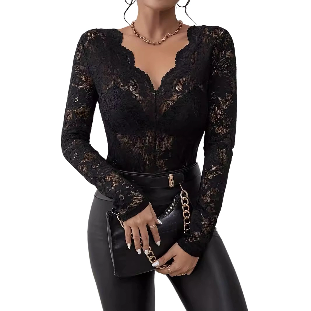Premium Charms Women's Floral Embroidery Lace Top V Neck Long Sleeve Blouse