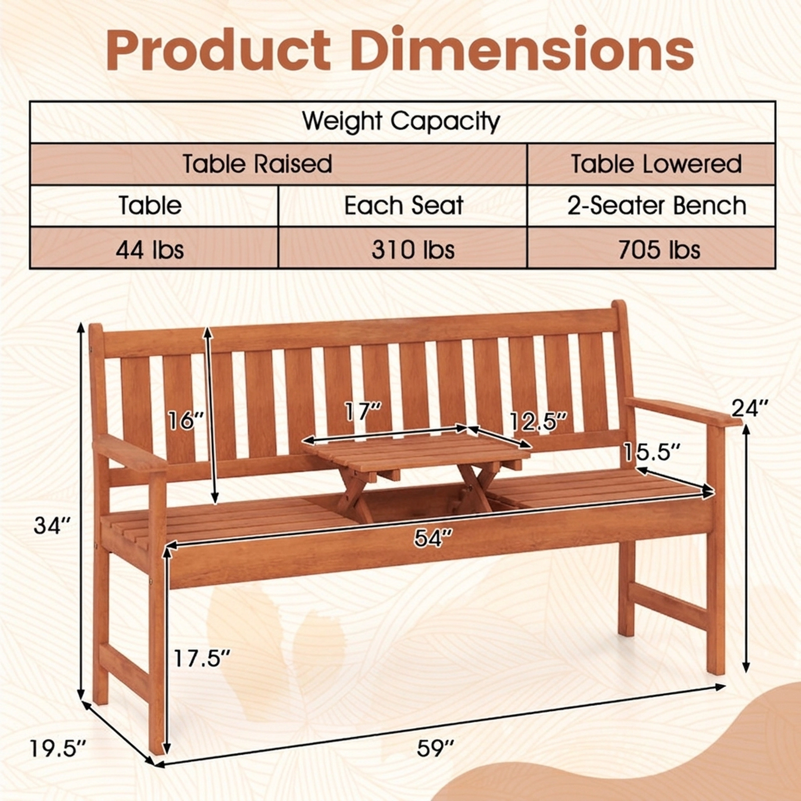 SUGIFT 59-in Outdoor Wood Garden Bench with Pull-Out Center Table 705-lb 2-Seater Capacity 36-lb Net Weight Natural