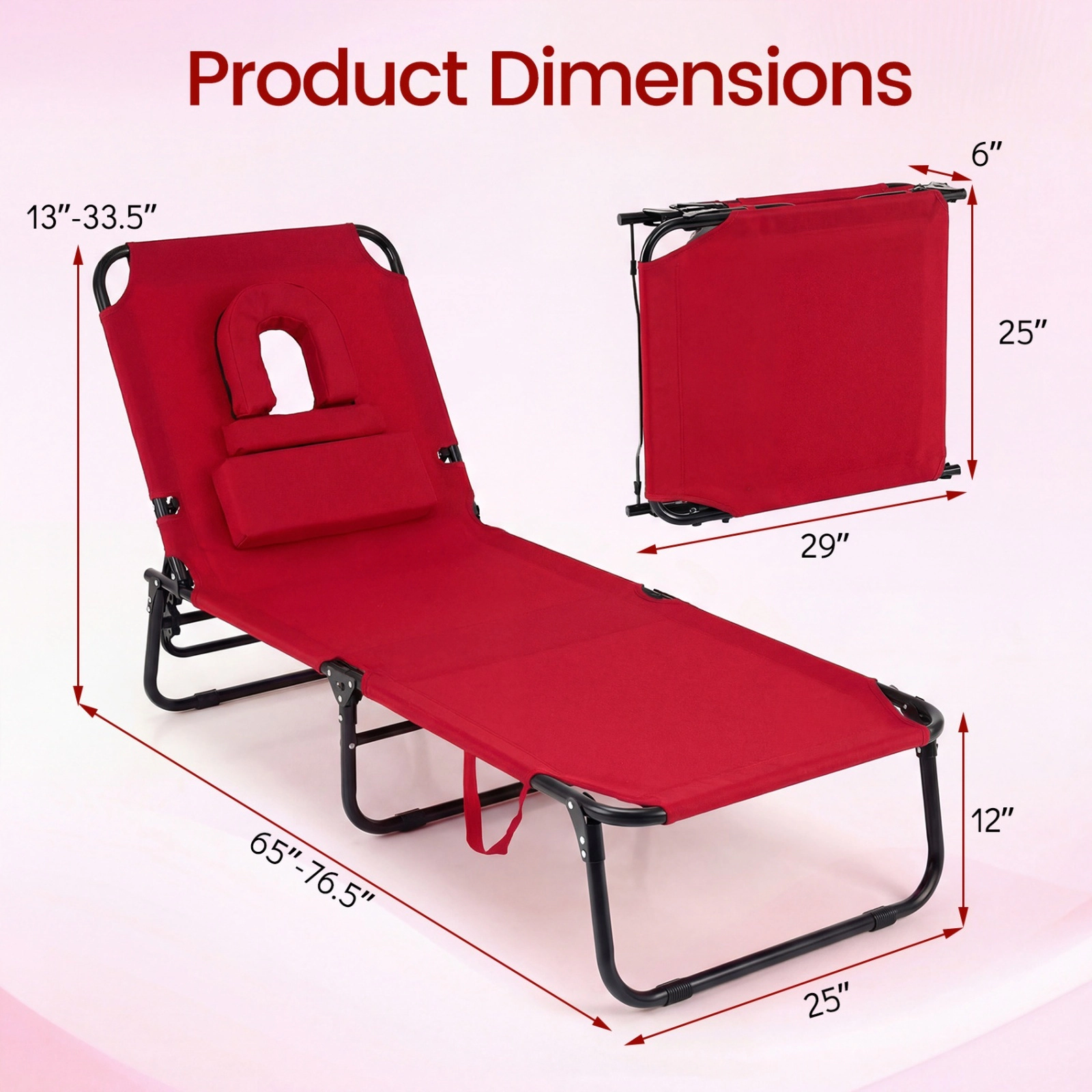 Face Down Tanning Chairs 2 Pack with Face Hole and 3 Removable Pillows Each Folding Beach Lounge Chairs Red